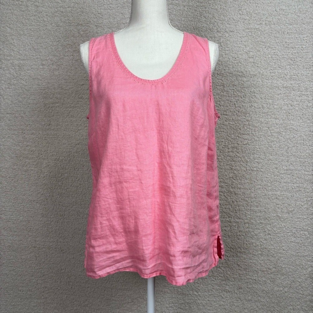 J. Jill Top Womens Lg Petite Pink 100% Linen Eyelet Sleeveless Coastal Pull Over